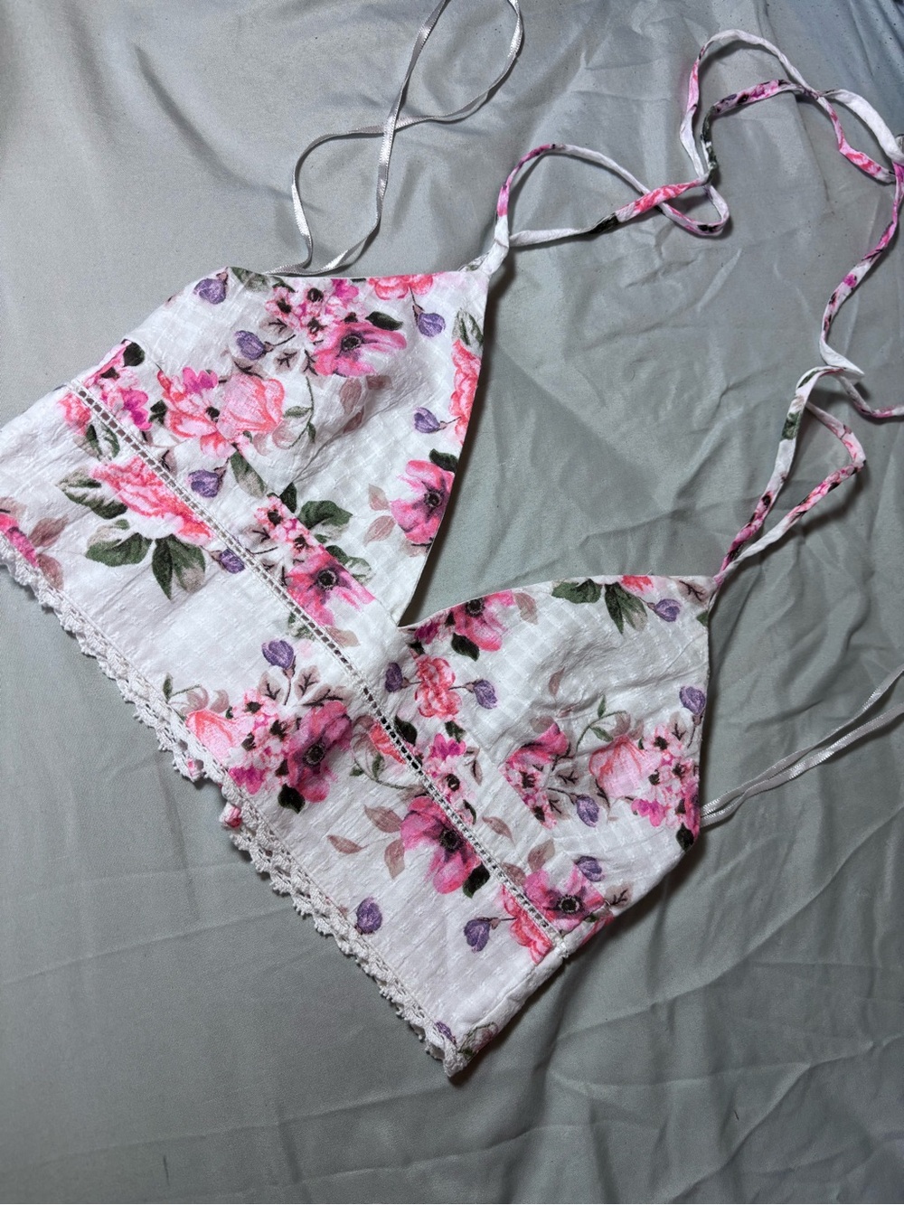 Zara Pink & White Floral Lace-Trim Bandeau Bralette
